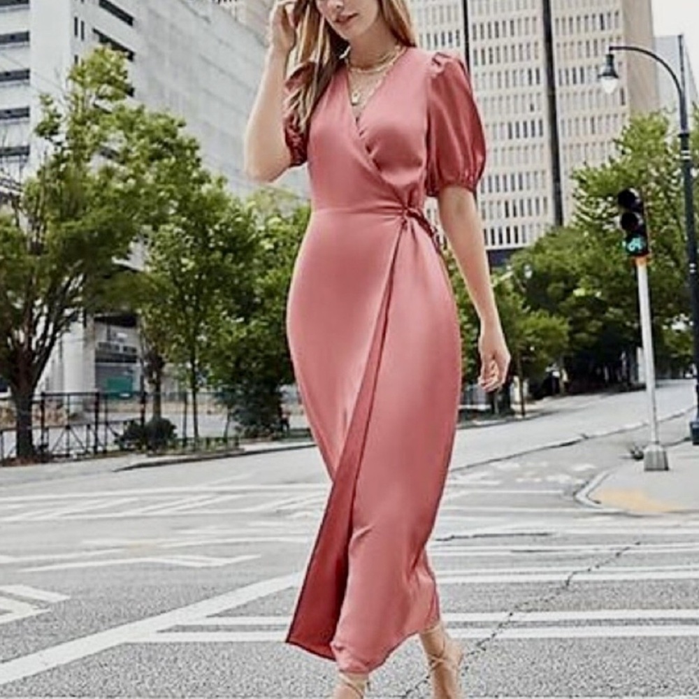 Express Satin Puff Sleeve Belted Wrap Maxi Dress - Size Small